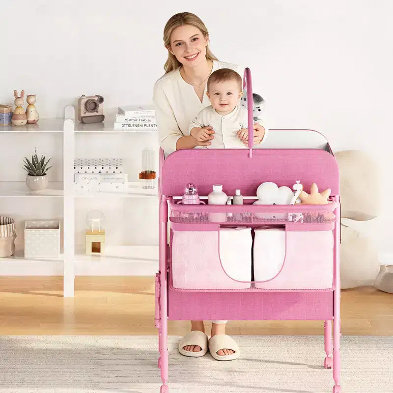 Table à langer pliable avec roulettes, station à langer à hauteur réglable avec 2 tiroirs, organisateur de chambre d'enfant mobile et étanche pour nouveau-nés