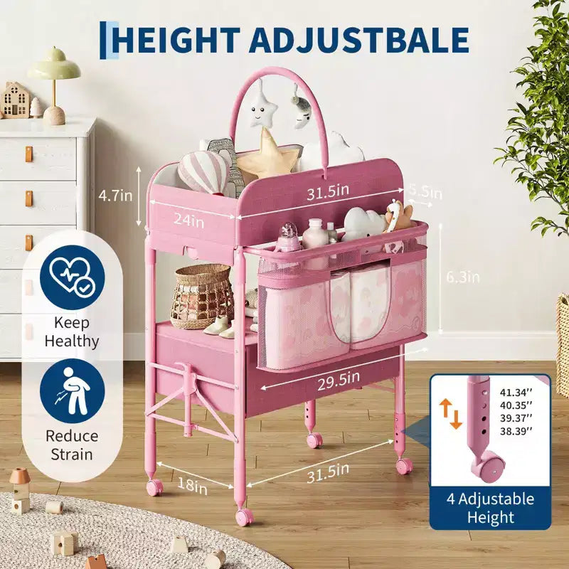 Table à langer pliable avec roulettes, station à langer à hauteur réglable avec 2 tiroirs, organisateur de chambre d'enfant mobile et étanche pour nouveau-nés
