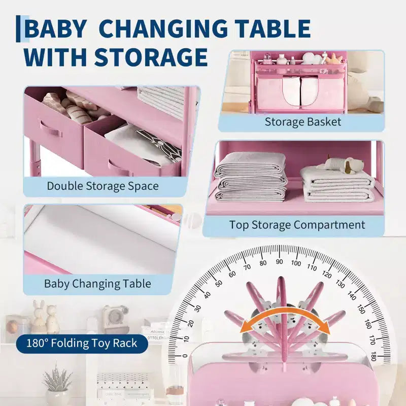 Table à langer pliable avec roulettes, station à langer à hauteur réglable avec 2 tiroirs, organisateur de chambre d'enfant mobile et étanche pour nouveau-nés