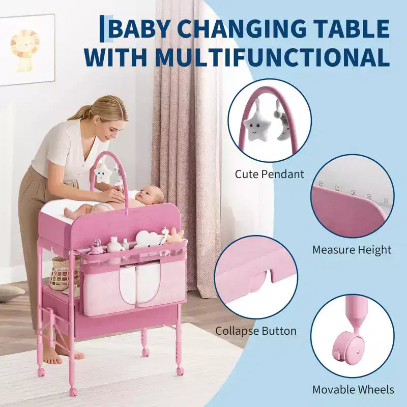Table à langer pliable avec roulettes, station à langer à hauteur réglable avec 2 tiroirs, organisateur de chambre d'enfant mobile et étanche pour nouveau-nés