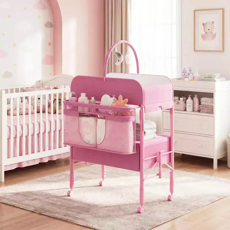 Table à langer pliable avec roulettes, station à langer à hauteur réglable avec 2 tiroirs, organisateur de chambre d'enfant mobile et étanche pour nouveau-nés