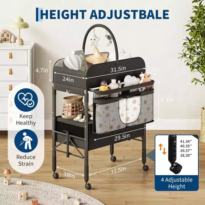 Table à langer pliable avec roulettes, station à langer à hauteur réglable avec 2 tiroirs, organisateur de chambre d'enfant mobile et étanche pour nouveau-nés