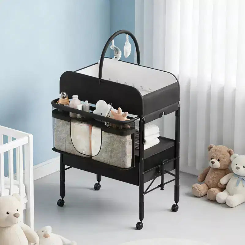 Table à langer pliable avec roulettes, station à langer à hauteur réglable avec 2 tiroirs, organisateur de chambre d'enfant mobile et étanche pour nouveau-nés