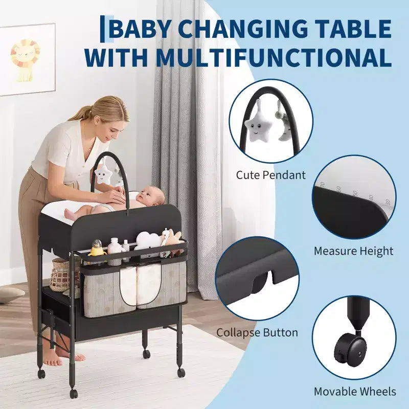 Table à langer pliable avec roulettes, station à langer à hauteur réglable avec 2 tiroirs, organisateur de chambre d'enfant mobile et étanche pour nouveau-nés
