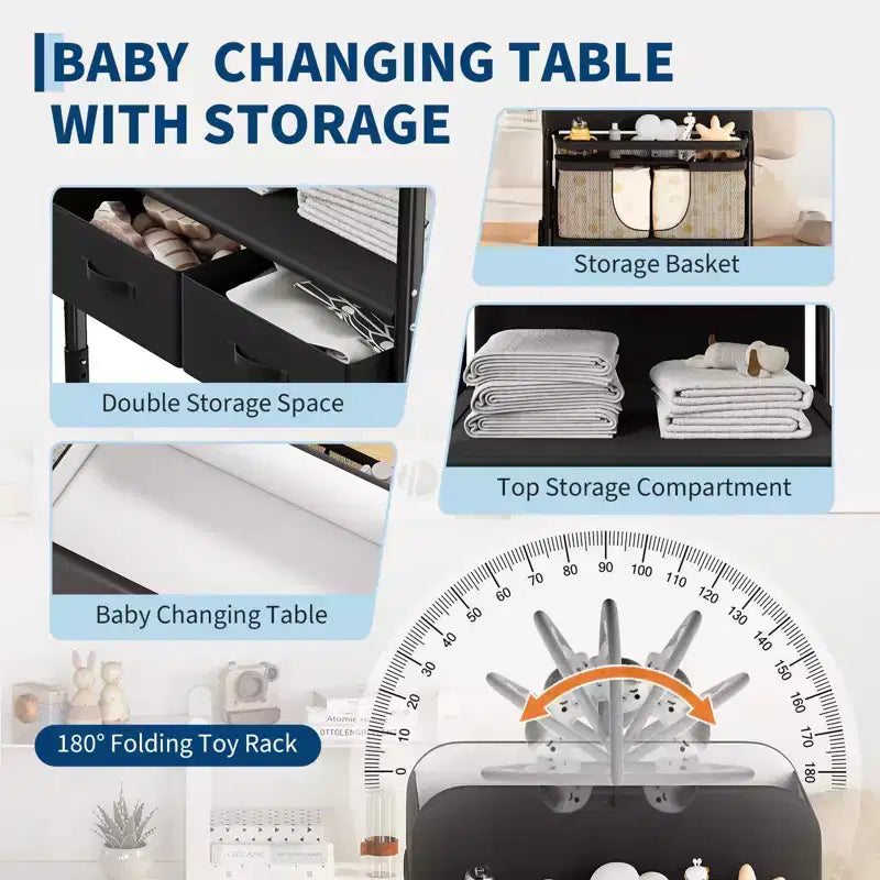 Table à langer pliable avec roulettes, station à langer à hauteur réglable avec 2 tiroirs, organisateur de chambre d'enfant mobile et étanche pour nouveau-nés