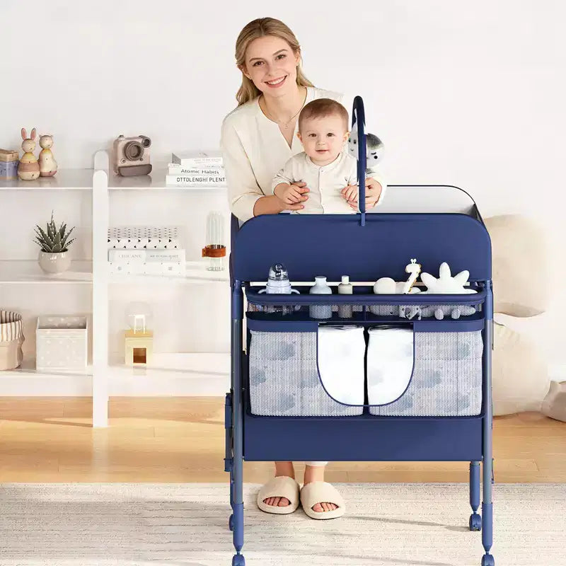 Table à langer pliable avec roulettes, station à langer à hauteur réglable avec 2 tiroirs, organisateur de chambre d'enfant mobile et étanche pour nouveau-nés