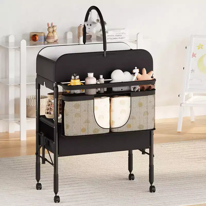 Folding Baby Changing Table w/ Wheels, Adjustable Height Diaper Station w/ 2 Drawers, Waterproof Mobile Nursery Organizer for Newborn Infants