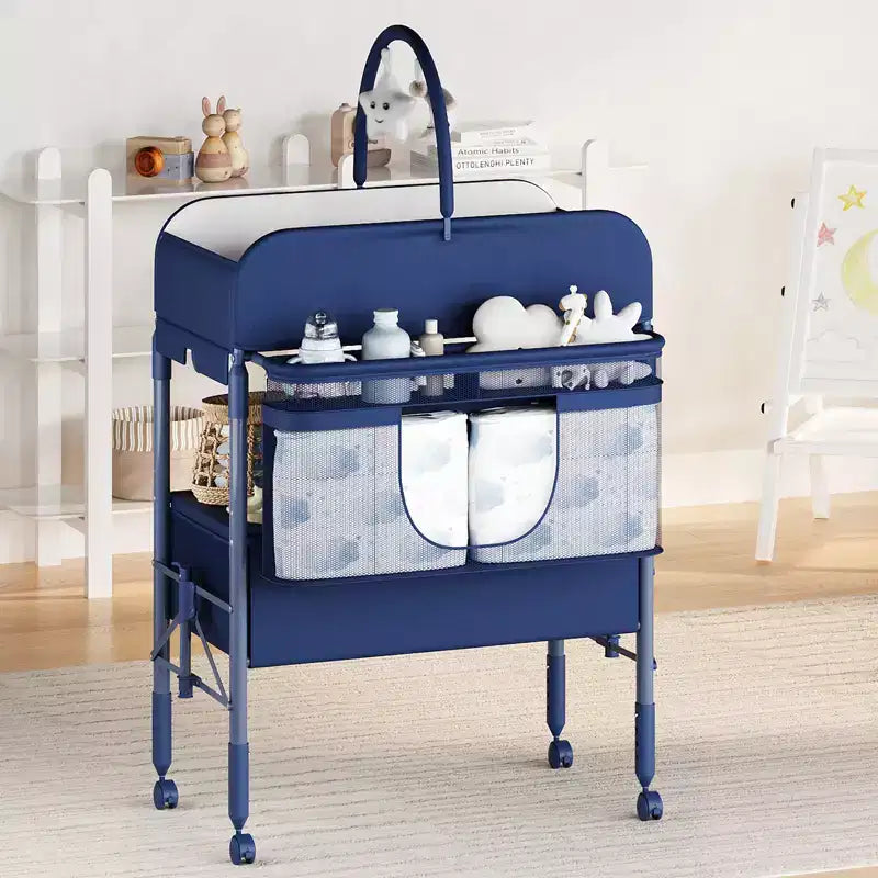 Table à langer pliable avec roulettes, station à langer à hauteur réglable avec 2 tiroirs, organisateur de chambre d'enfant mobile et étanche pour nouveau-nés