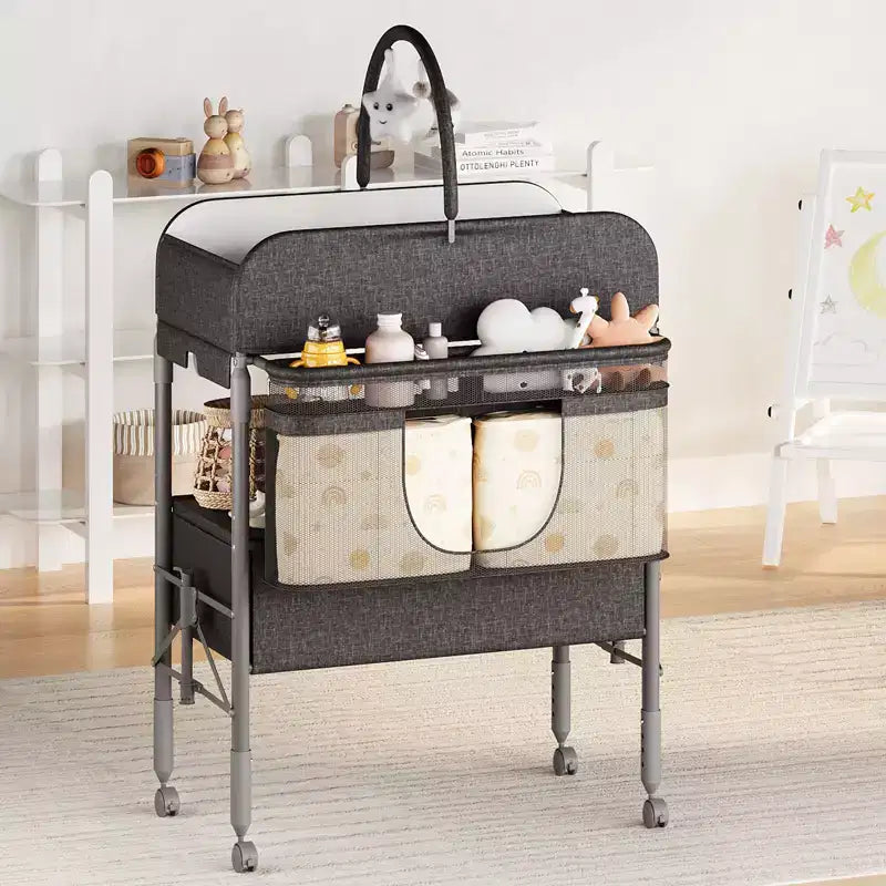 Table à langer pliable avec roulettes, station à langer à hauteur réglable avec 2 tiroirs, organisateur de chambre d'enfant mobile et étanche pour nouveau-nés