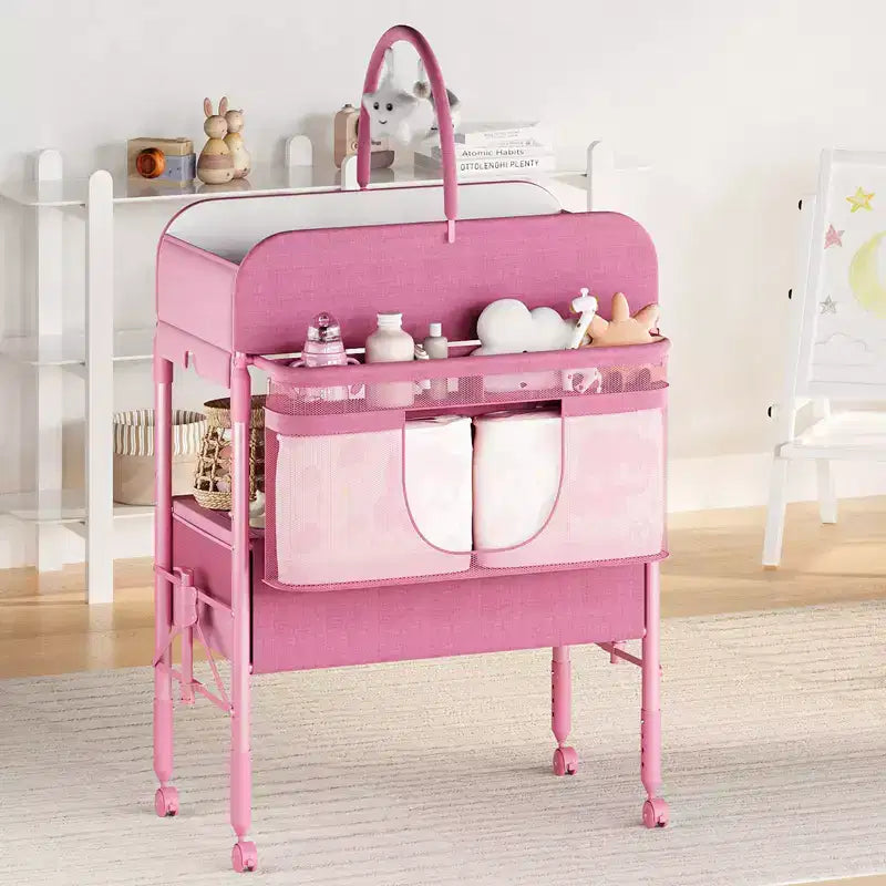 Table à langer pliable avec roulettes, station à langer à hauteur réglable avec 2 tiroirs, organisateur de chambre d'enfant mobile et étanche pour nouveau-nés