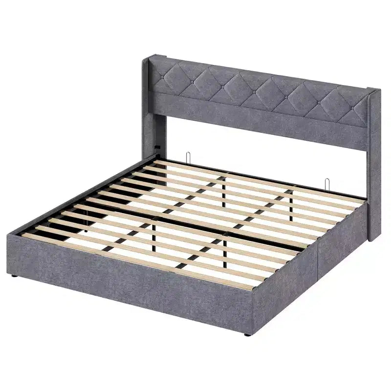 JIONJOY Grey Upholstered Storage Bed Frame, Heavy Duty, Underbed Storage, Noise-Free, Solid Wood, No Box Spring Needed, Easy Assembly - King