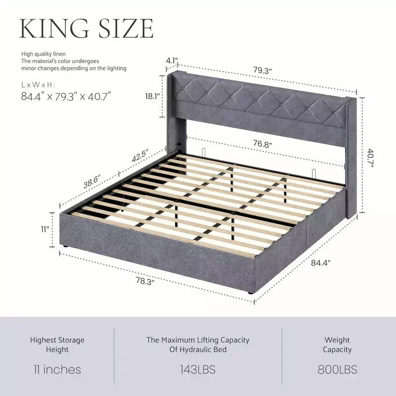 Cadre de lit rembourré gris avec rangement, robuste, rangement sous le lit, silencieux, en bois massif, sans sommier tapissier requis, montage facile - King