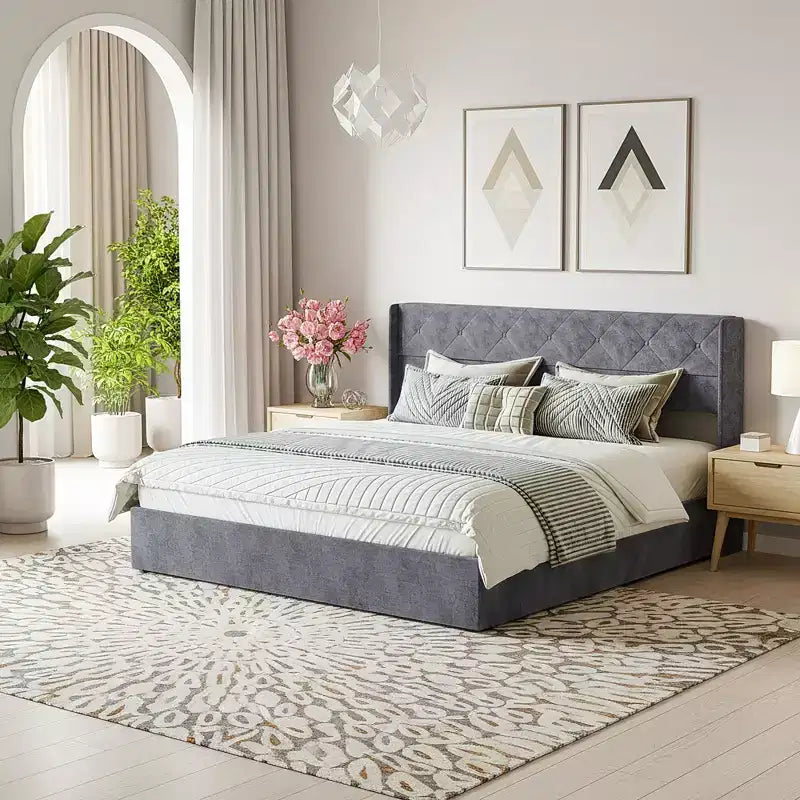 Cadre de lit rembourré gris avec rangement, robuste, rangement sous le lit, silencieux, en bois massif, sans sommier tapissier requis, montage facile - King
