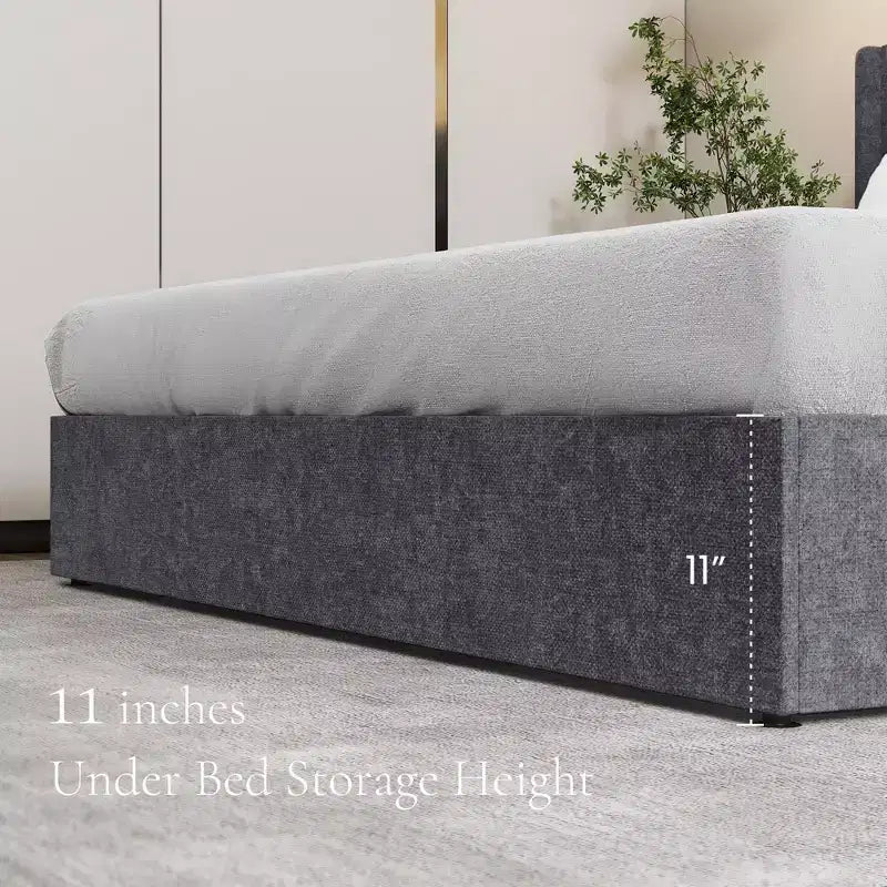 Cadre de lit rembourré gris avec rangement, robuste, rangement sous le lit, silencieux, en bois massif, sans sommier tapissier requis, montage facile - King