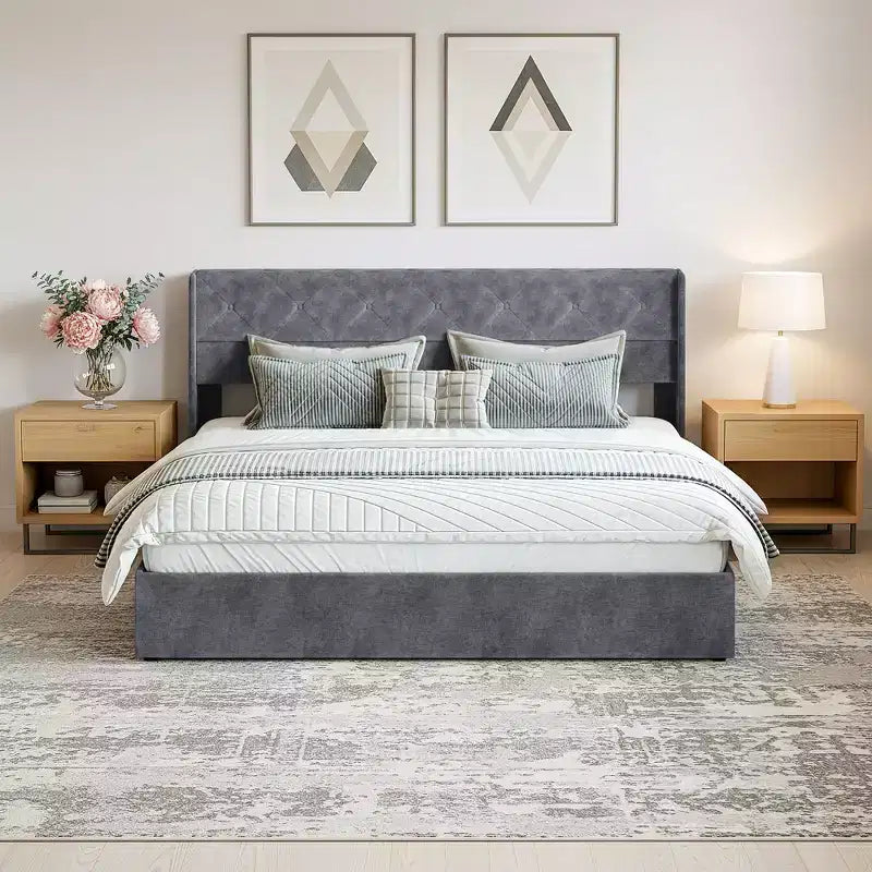 Cadre de lit rembourré gris avec rangement, robuste, rangement sous le lit, silencieux, en bois massif, sans sommier tapissier requis, montage facile - King