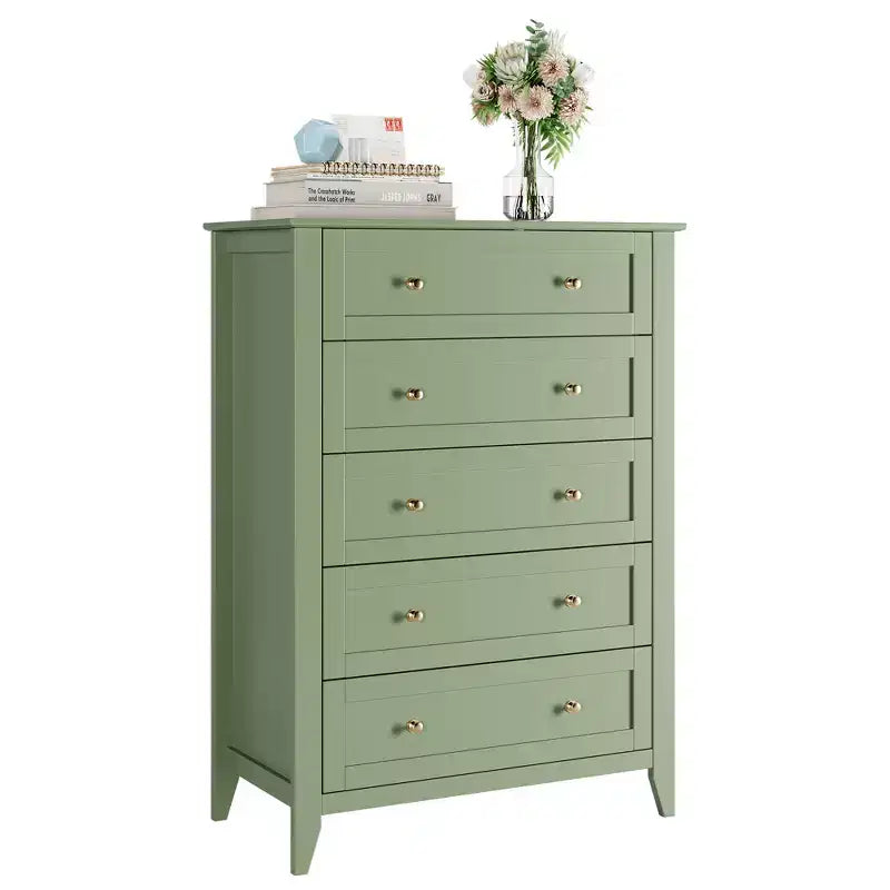 5-Drawer 42.5-Inch Tall Dresser for Bedroom, Wooden Storage Cabinet with 11.9-Inch Deep Drawers &amp; Gold Metal Knobs, Ideal for Entryway, or Hallway