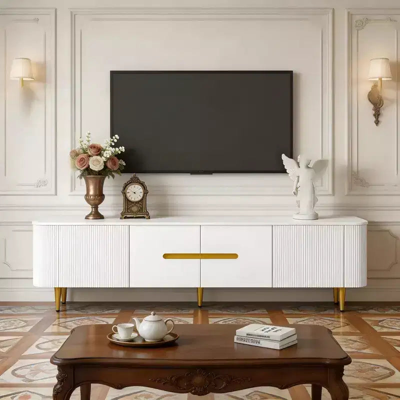 JVNOXK 78.7''Minimalist TV Stand for TVs up to 85 Inches, with 4 Spacious Cabinets for Living room,White