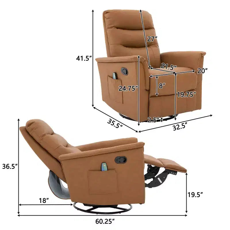 Un fauteuil inclinable pivotant et berçant avec fonction massage et dossier réglable