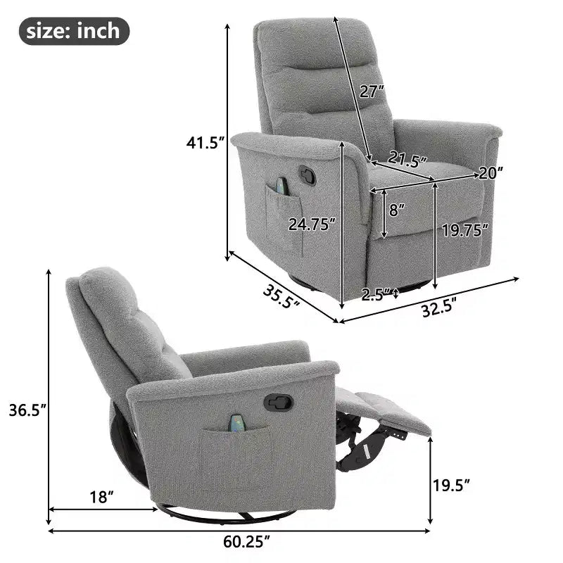 Un fauteuil inclinable pivotant et berçant avec fonction massage et dossier réglable