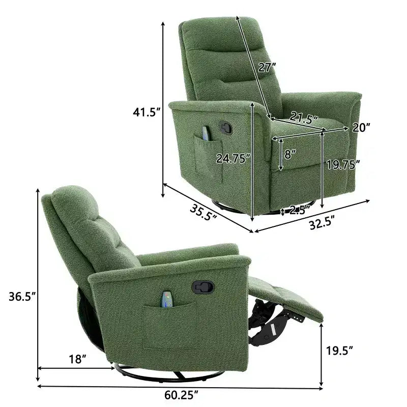 Un fauteuil inclinable pivotant et berçant avec fonction massage et dossier réglable