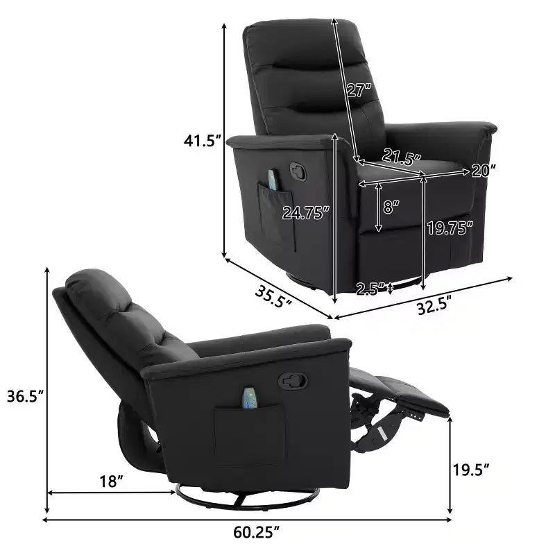Un fauteuil inclinable pivotant et berçant avec fonction massage et dossier réglable
